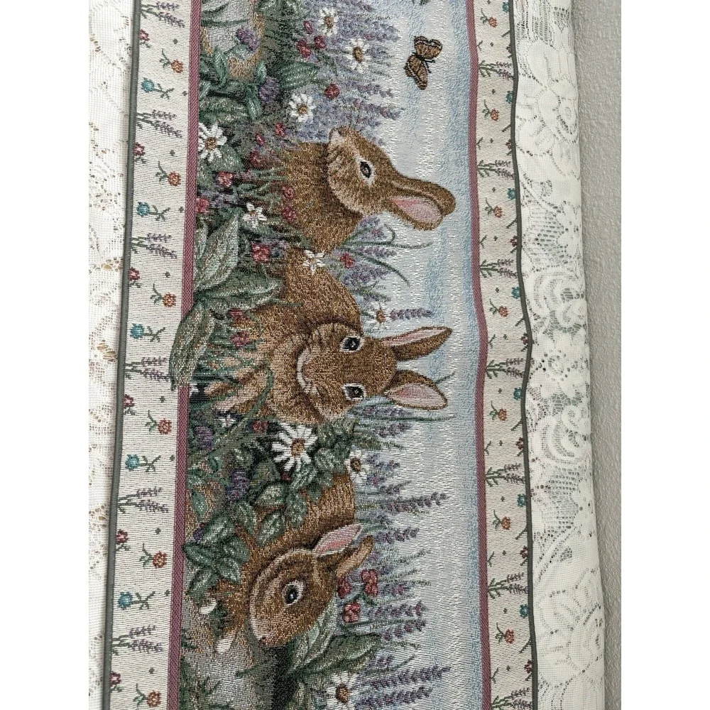 Woodland Bunny Rabbit Floral Woven Tapestry Table Runner Spring Easter Decor